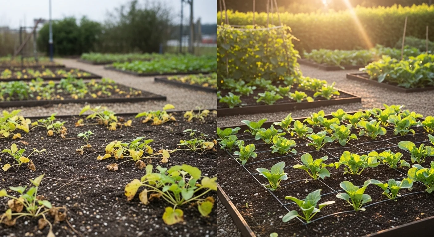 Square foot gardening calculator showing overcrowded failed bed versus perfectly spaced thriving garden