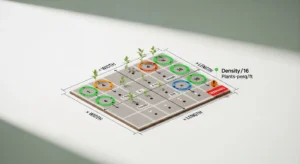 Square foot gardening calculator logic showing area multiplied by plants per square foot density grid