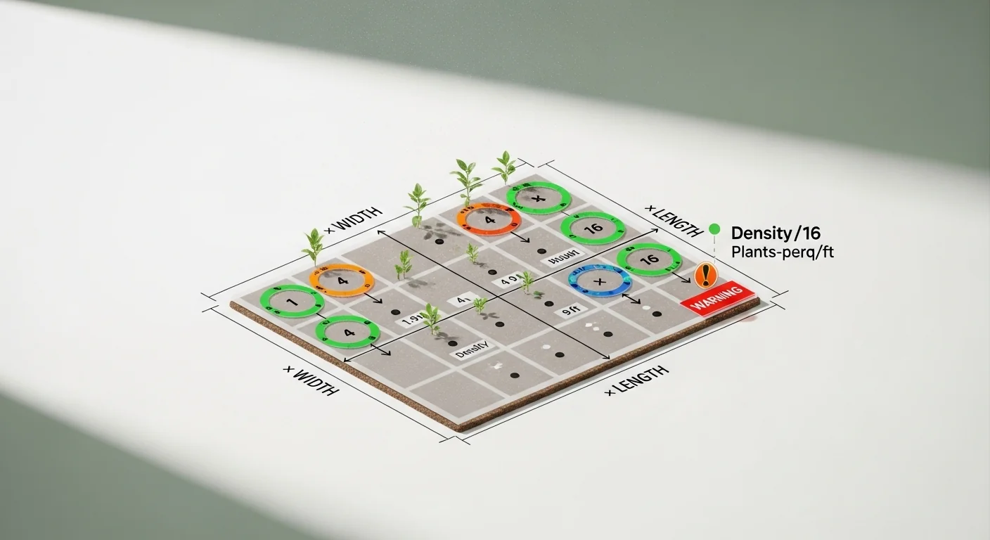 Square foot gardening calculator logic showing area multiplied by plants per square foot density grid