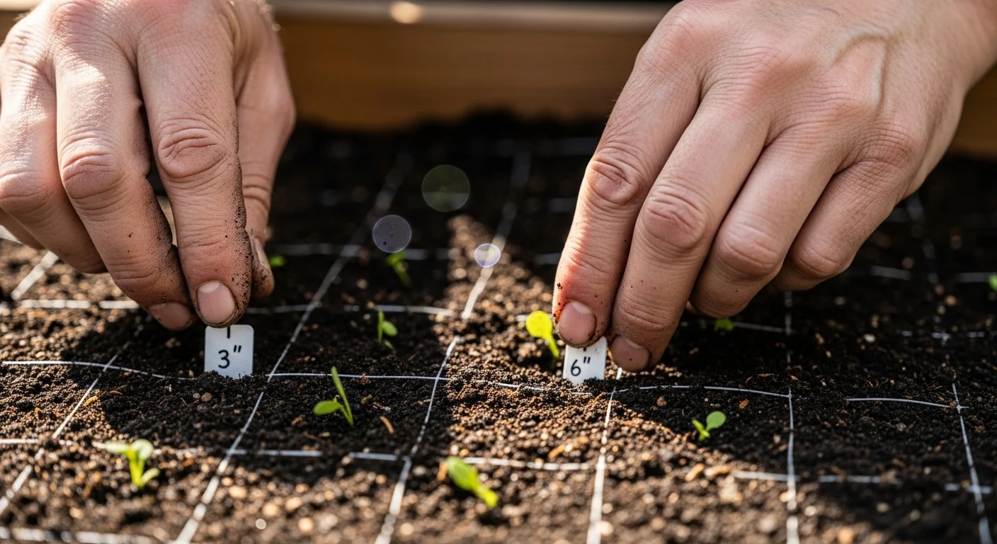 Square foot gardening calculator in action with hands planting according to calculated grid spacing