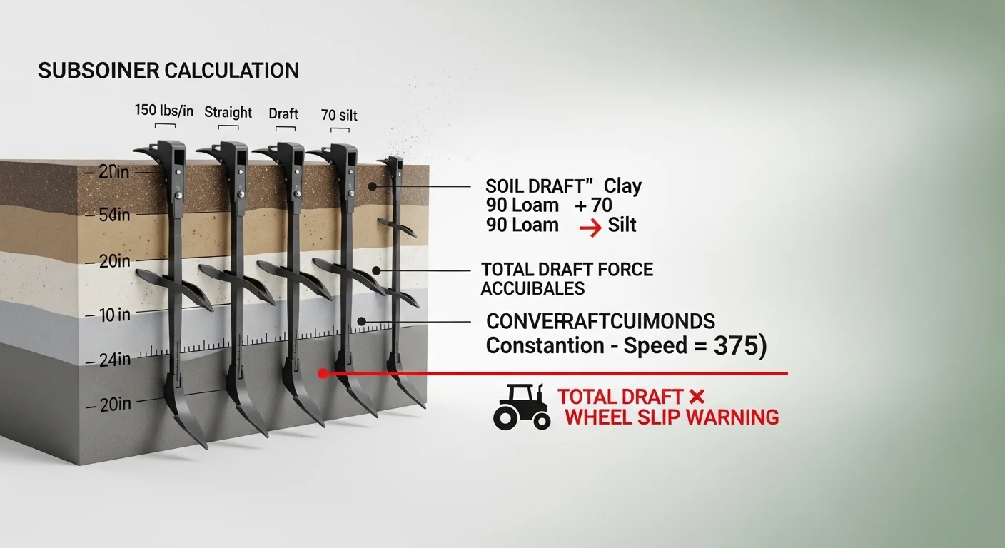 Subsoiler HP calculator draft force to horsepower conversion and tractor weight slip threshold diagram