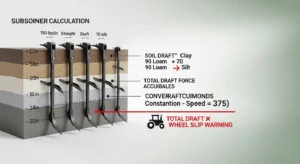 Subsoiler HP calculator draft force to horsepower conversion and tractor weight slip threshold diagram