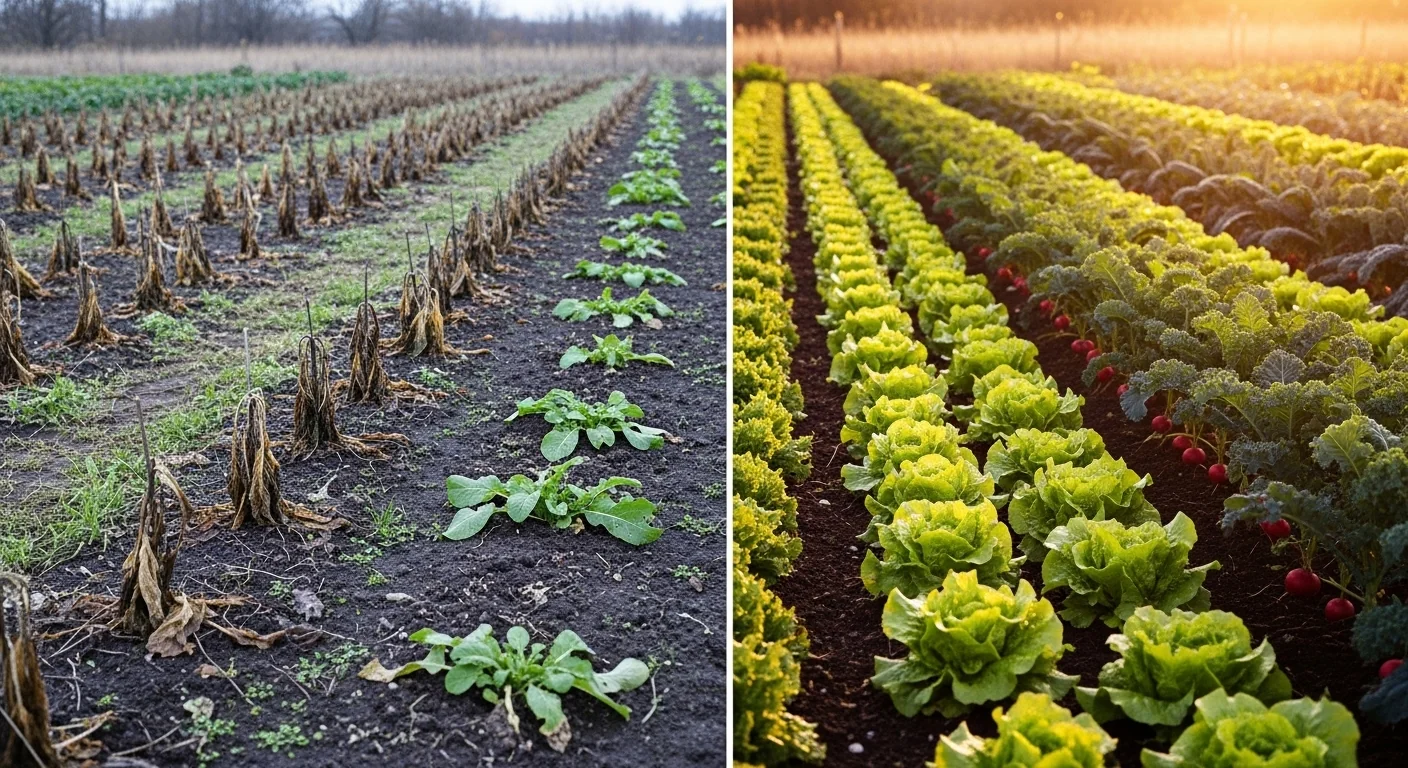 Succession planting interval calculator showing failed frost-hit garden versus abundant continuous harvest