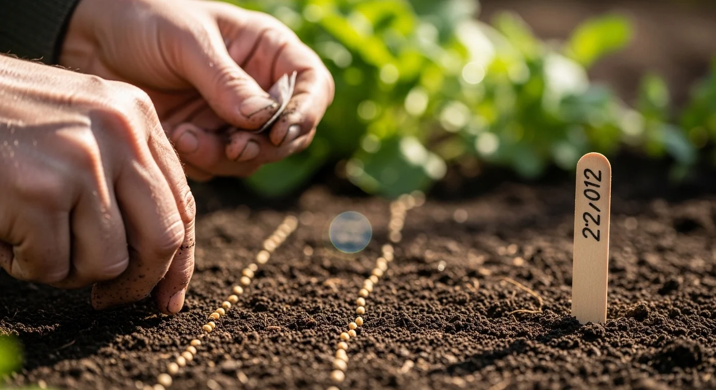 Gardener sowing seeds on the precise date from succession planting interval calculator schedule