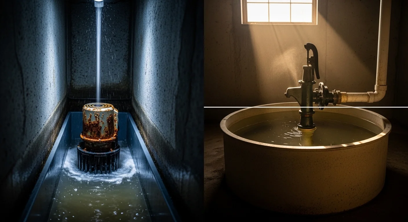 Sump pump calculator visual comparing a dangerous overflowing small pit to a safe large basin.