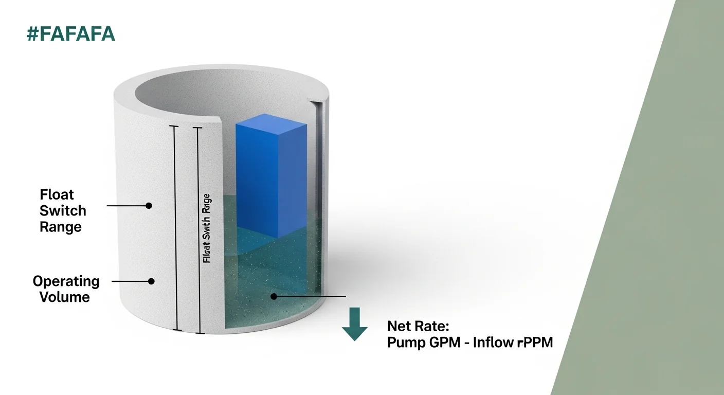 Technical diagram from a sump pump calculator showing operating volume and net pumping rate logic.