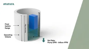 Technical diagram from a sump pump calculator showing operating volume and net pumping rate logic.