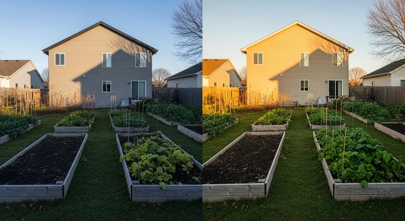 Sun angle and shadow calculator showing dramatic difference between long winter shadow and short summer shadow on garden beds