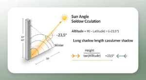 Sun angle and shadow calculator diagram explaining solar altitude formula and winter vs summer shadow length calculation