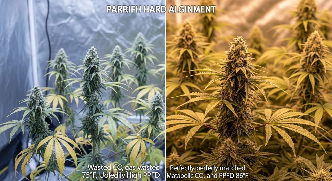 Golden Triangle CO2 Temp Light Calculator showing failed vs thriving cannabis canopy from temperature mismatch