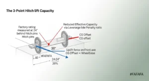 3-point hitch leverage penalty and front axle uplift force diagram for lift capacity calculator