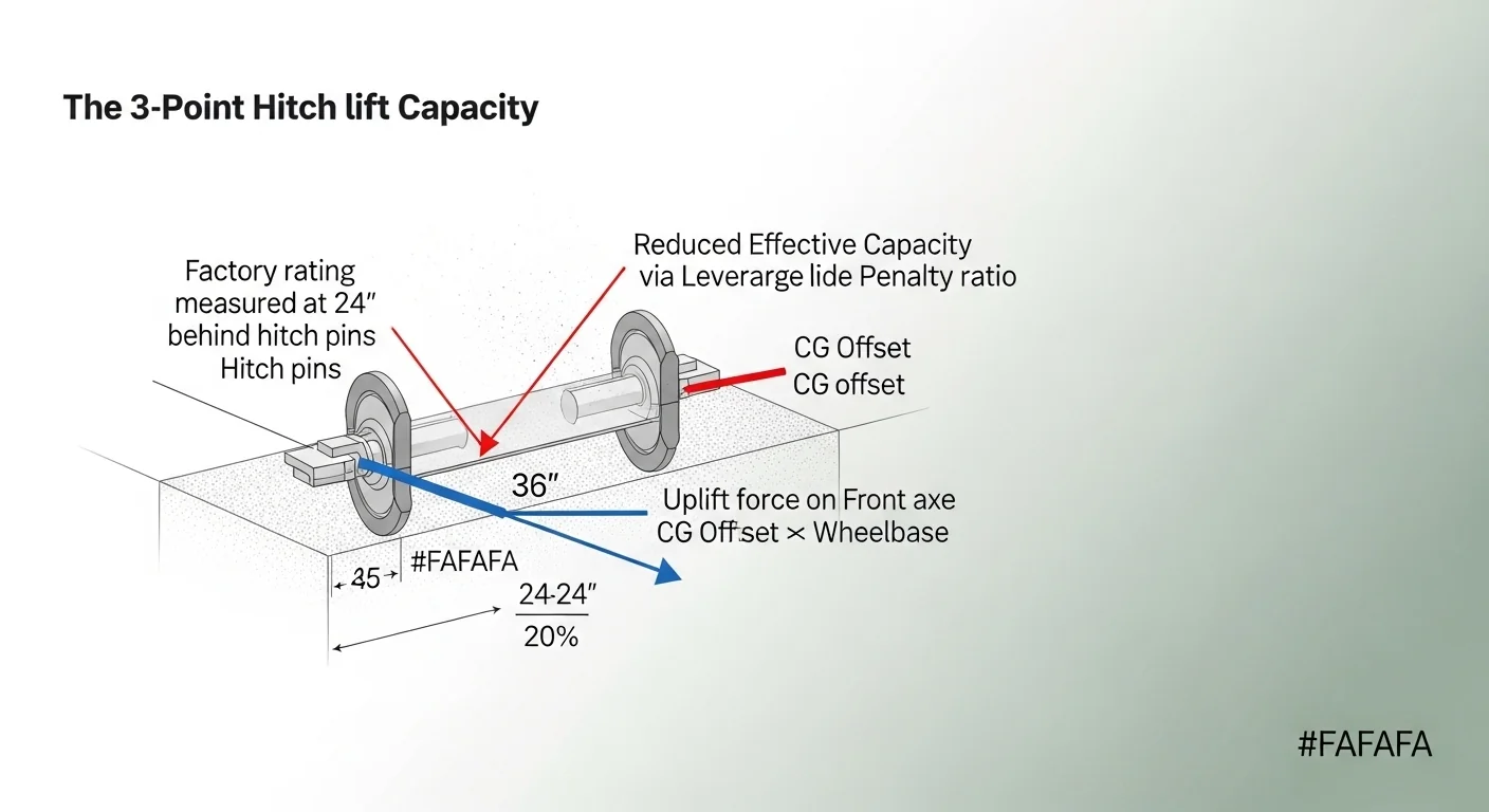3-point hitch leverage penalty and front axle uplift force diagram for lift capacity calculator