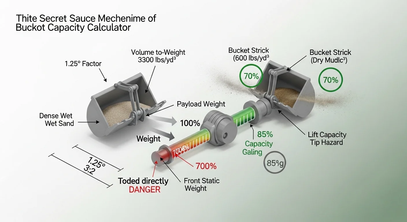 Tractor bucket capacity calculator logic showing payload addition to front axle load with wet sand overload and safety thresholds.