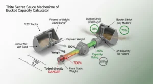 Tractor bucket capacity calculator logic showing payload addition to front axle load with wet sand overload and safety thresholds.