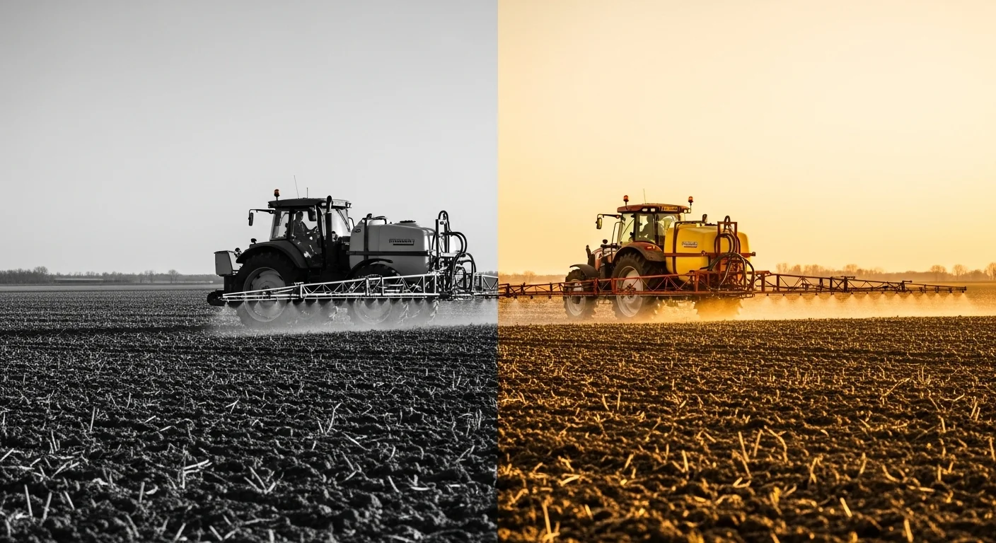 Tractor spraying in tilled field showing wheel slip damage versus clean even application