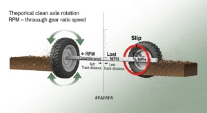 3D diagram comparing theoretical tractor speed to actual measured speed with wheel slip percentage
