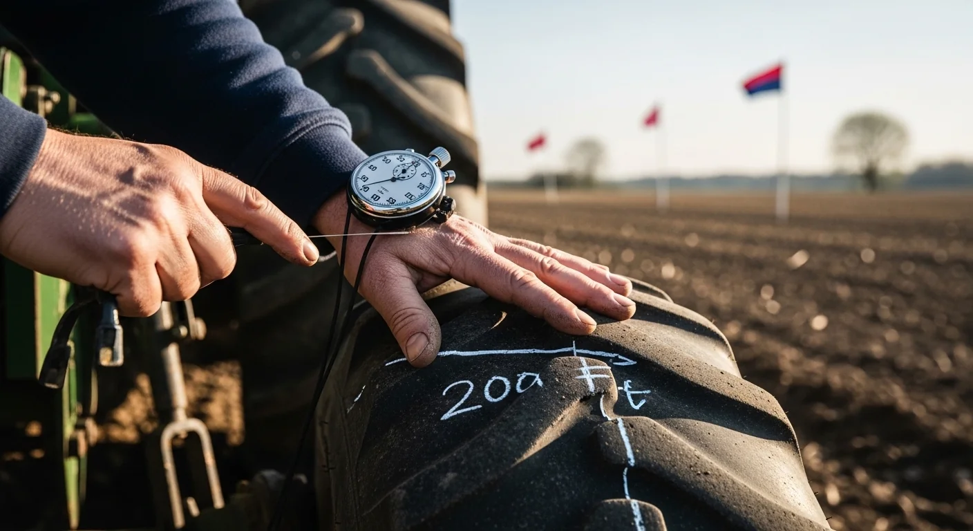 Farmer hands timing 200-foot tractor track test in field for accurate ground speed