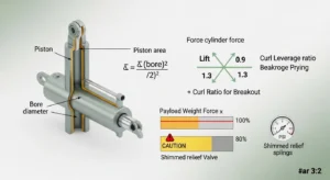 3D diagram showing cylinder area, raw force, lift and curl leverage ratios, and payload vs breakout percentage