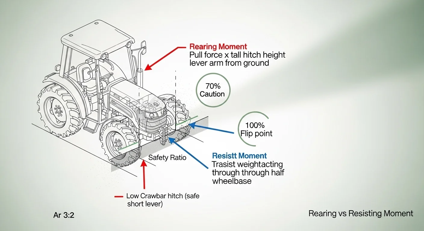 Rearing moment versus resisting moment diagram for tractor winch safety