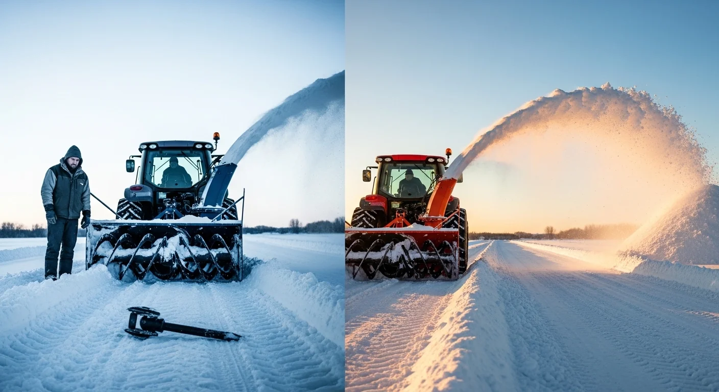 Clogged snow blower versus successful high-throw operation after using PTO RPM calculator