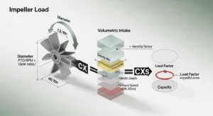 Isometric diagram showing impeller tip speed, snow intake volume and load factor calculation for tractor snow blower