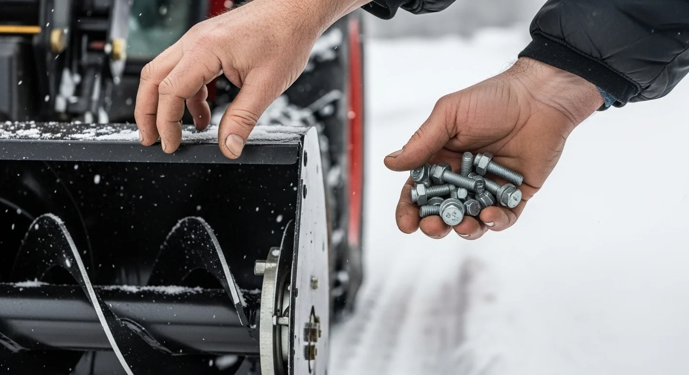 Tractor operator hands checking shear pins on snow blower after calculating safe PTO RPM load