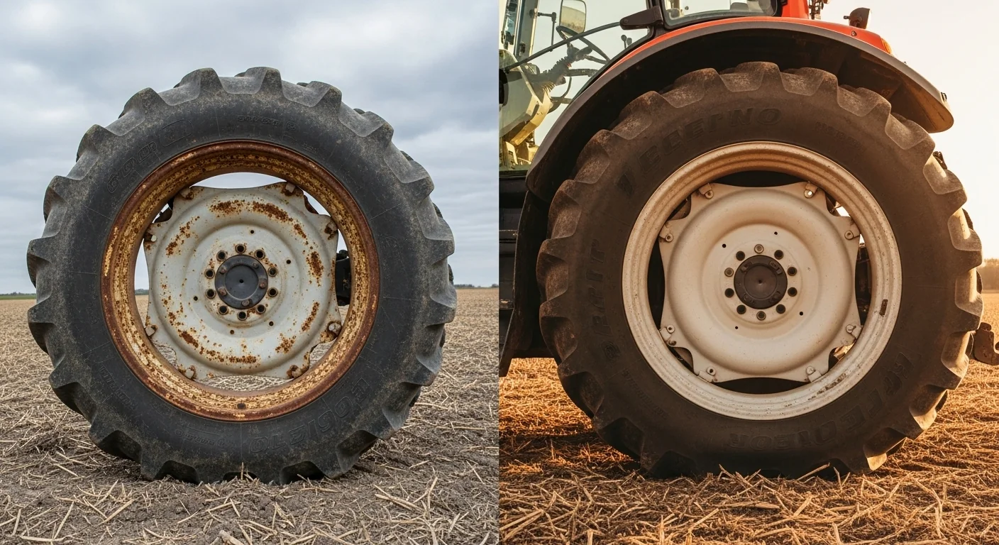 Tractor tire with severe rim corrosion on left versus clean stable ballast-filled tire on right