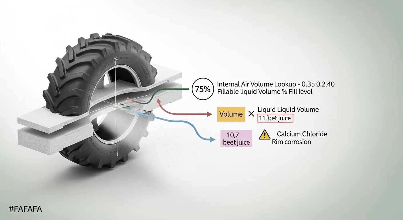 3D cross-section showing how tire volume and liquid density combine to calculate ballast weight with rim risk