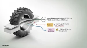 3D cross-section showing how tire volume and liquid density combine to calculate ballast weight with rim risk