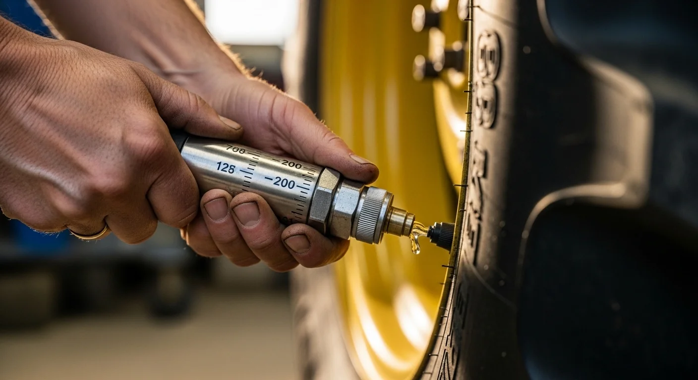 Weathered hands using transfer pump to add calculated liquid ballast into tractor tire valve