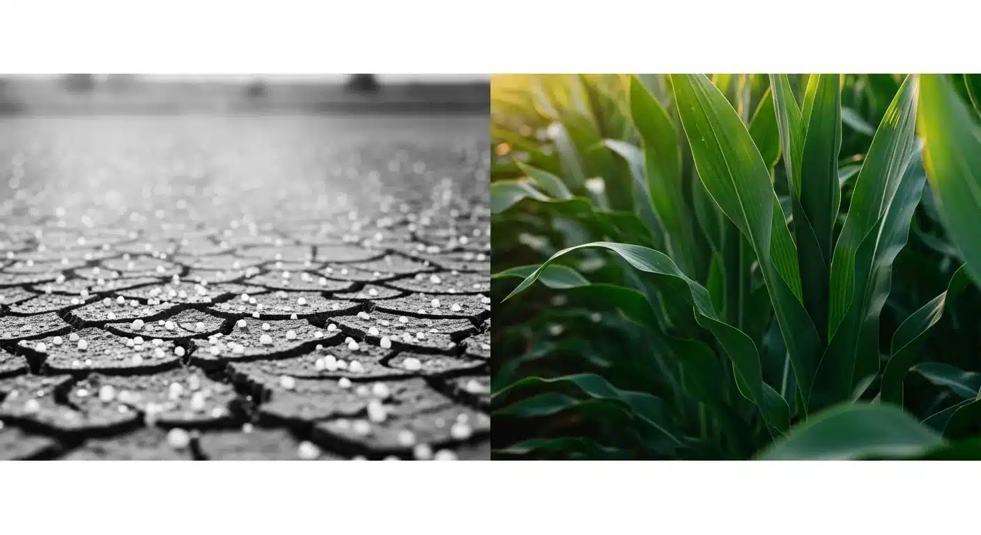 Urea Volatilization Calculator comparison showing dry soil nitrogen loss versus healthy green crop growth.