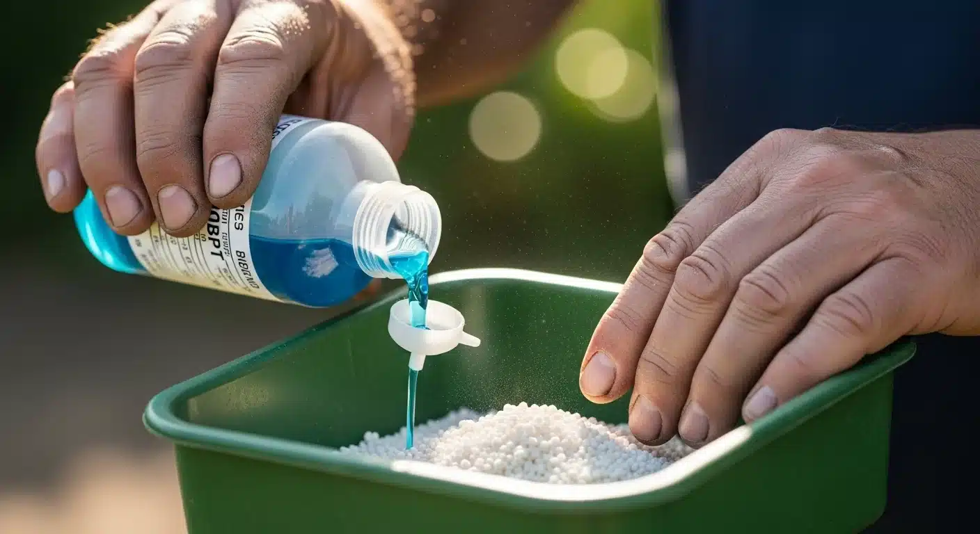 Close-up of applying NBPT inhibitor to fertilizer based on Urea Volatilization Calculator results.