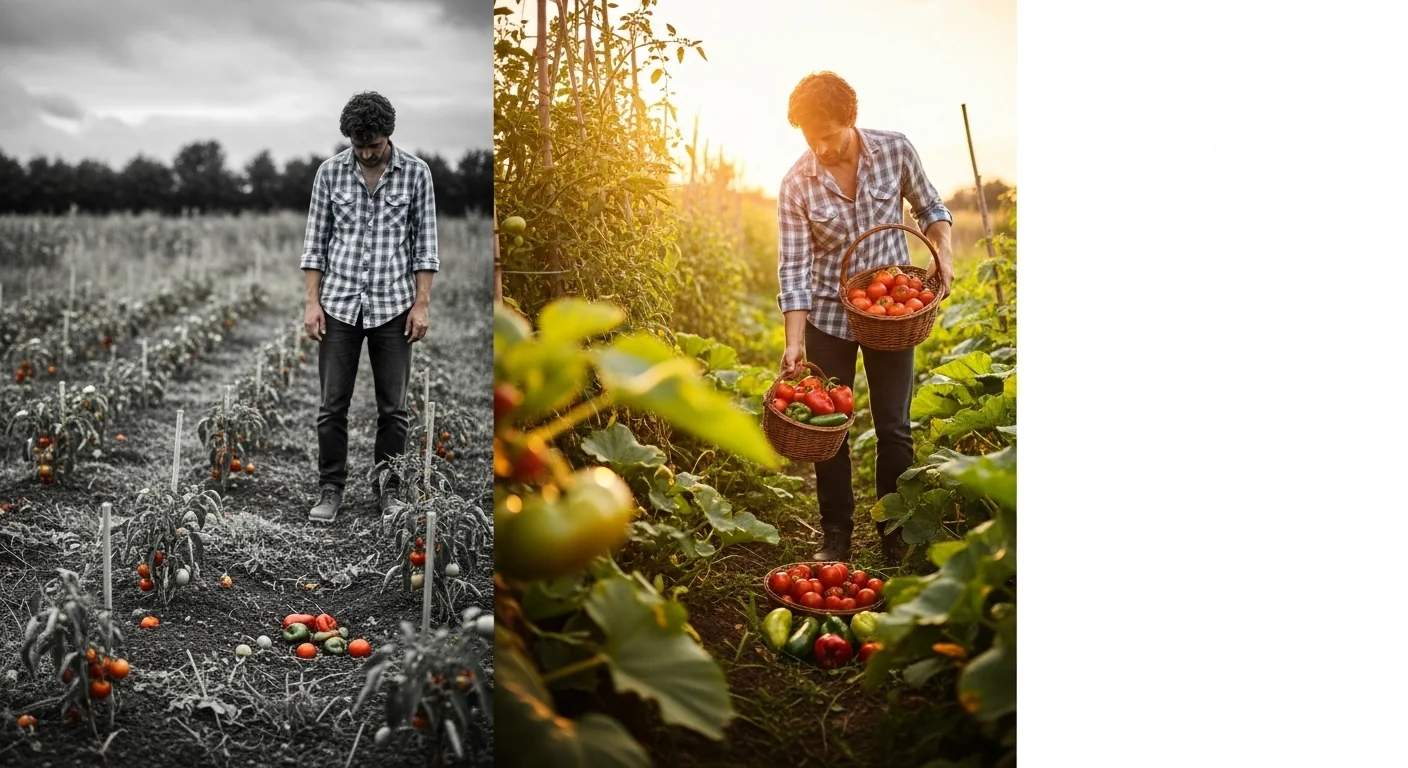 Before and after garden harvest comparison showing sparse yield versus abundant vegetables from proper plant count