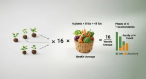 3D diagram illustrating Vegetable Yield Estimator math: plants multiplied by average yield with family threshold comparison