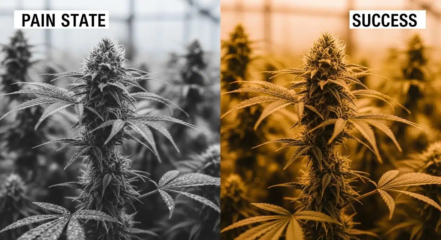A VPD Calculator comparison showing moldy leaves versus healthy flowering plants in a greenhouse.