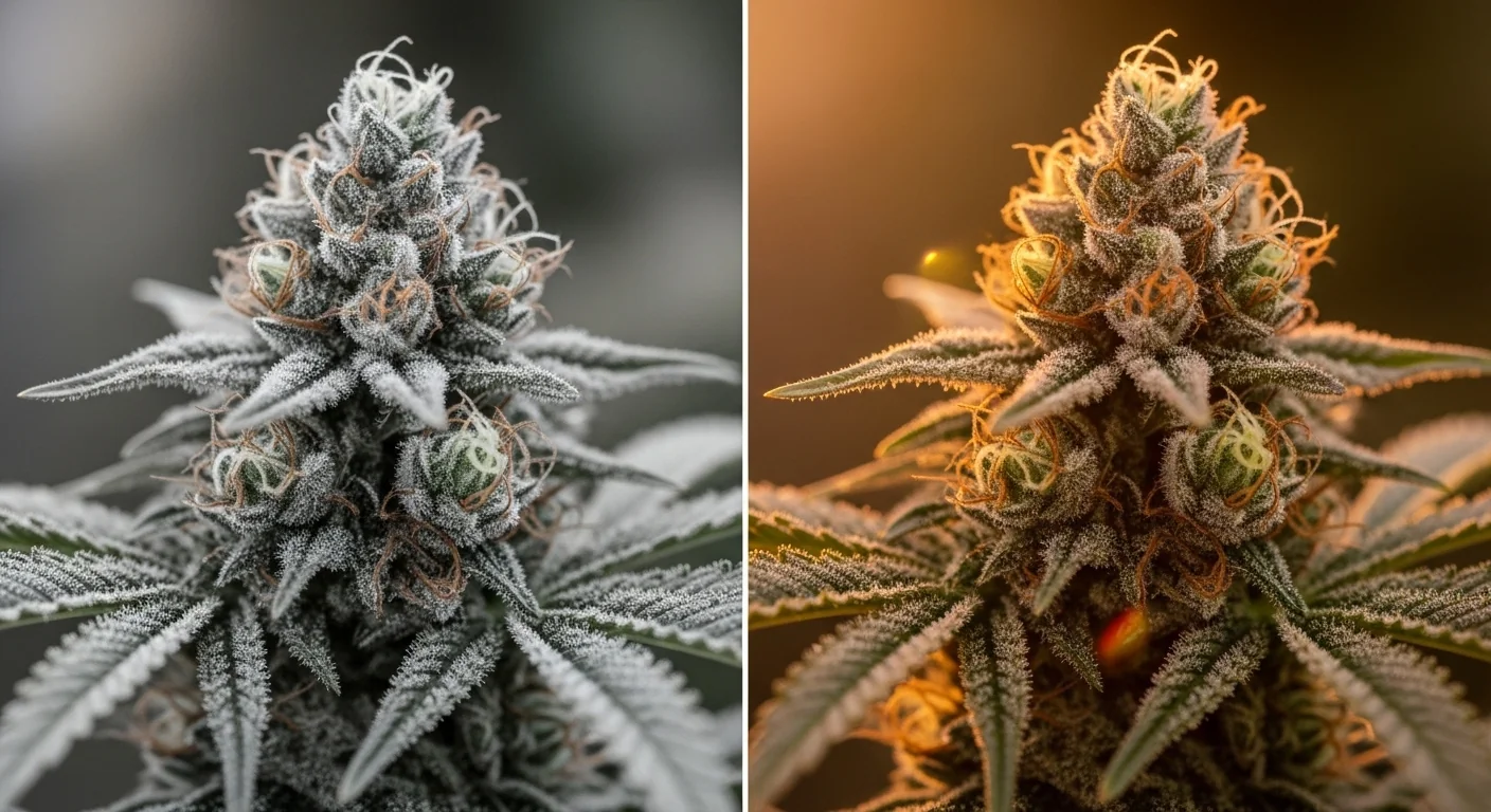 A VPD Calculator comparison showing bud rot risk vs healthy flowering plants under LED.