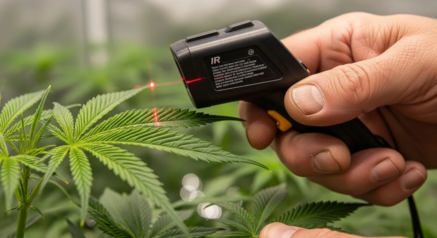 Gardener measuring leaf surface temperature for use in a VPD Calculator.