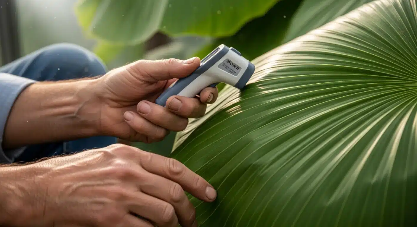 Hands using an IR thermometer for a VPD Calculator reading at the plant canopy.