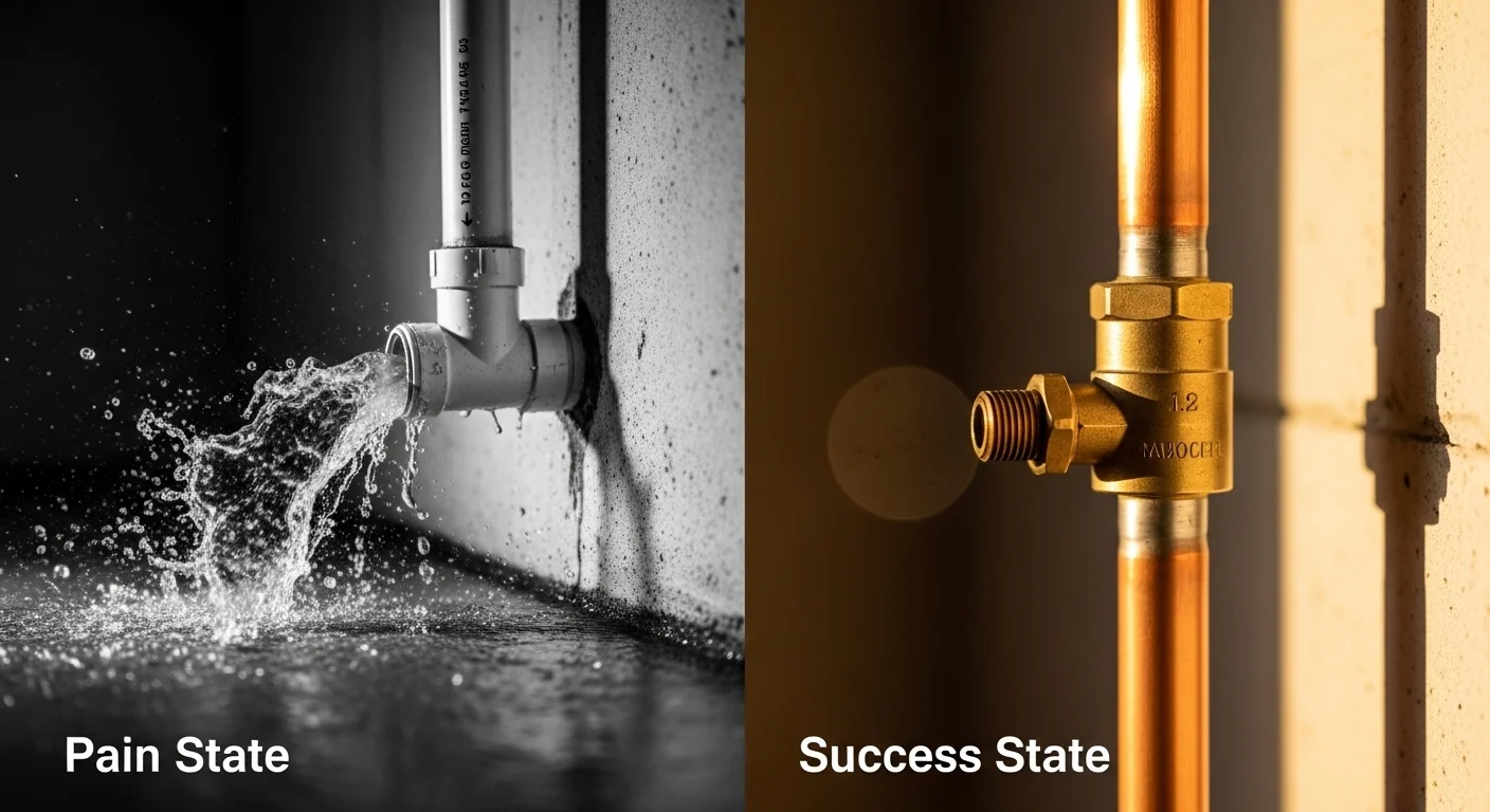 A Water Hammer Calculator comparison showing a burst PVC pipe versus a protected copper line.