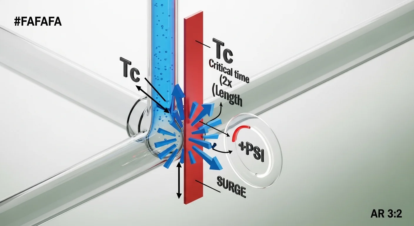 3D technical diagram of the Joukowsky equation logic used in the Water Hammer Calculator.