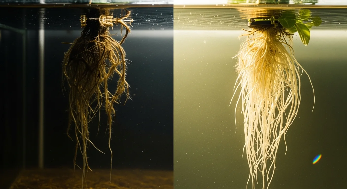 Side-by-side comparison of diseased brown roots versus healthy white hydroponic roots.