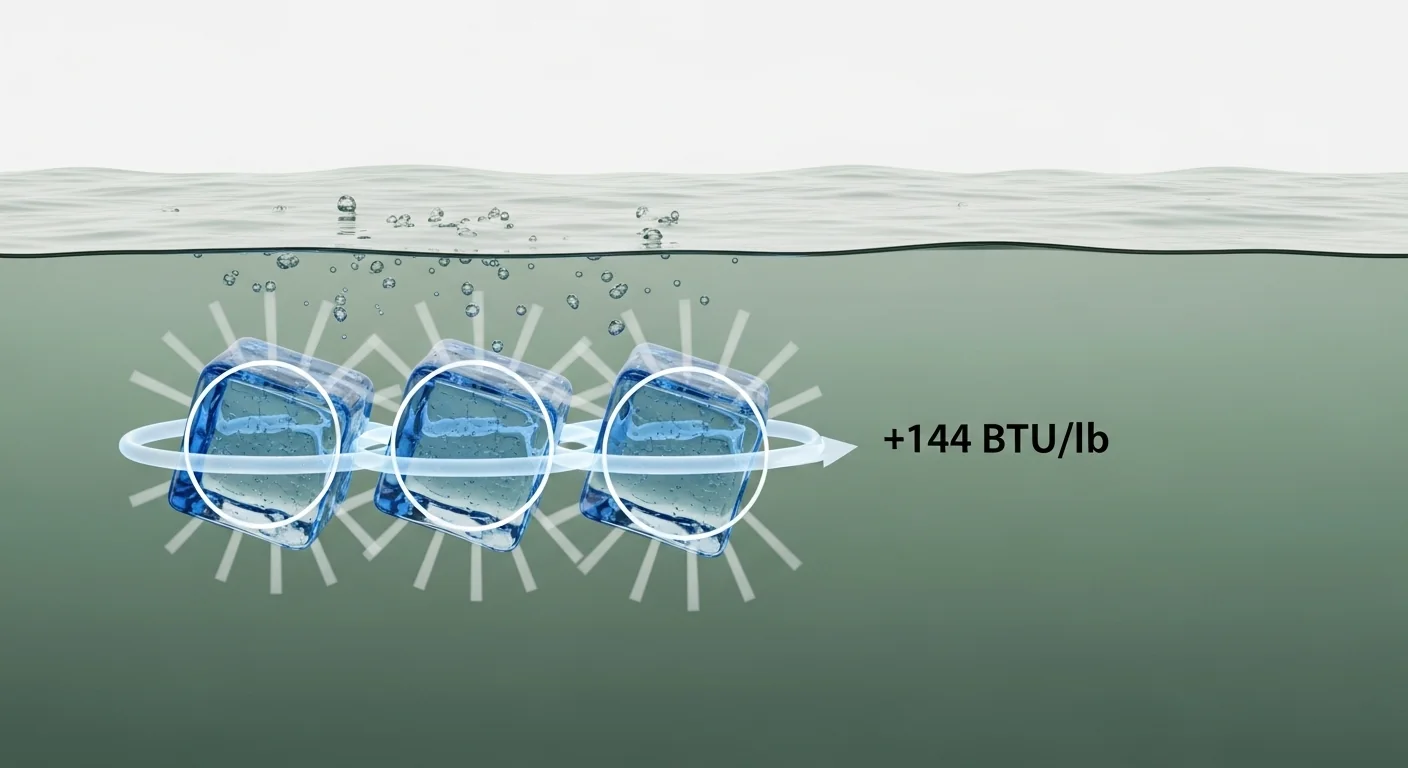 3D technical diagram showing ice latent heat of fusion cooling a water reservoir.