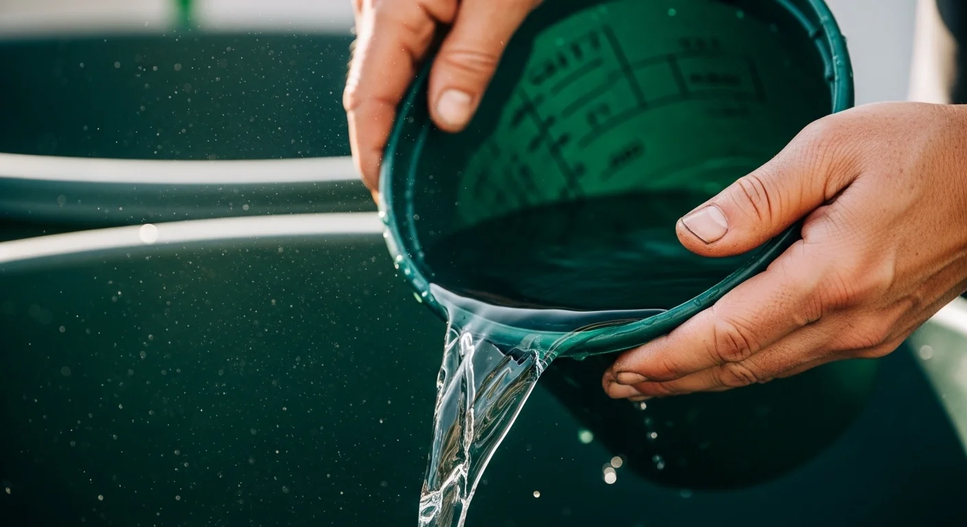 Close up of hands pouring water into a hydroponic reservoir to adjust temperature.