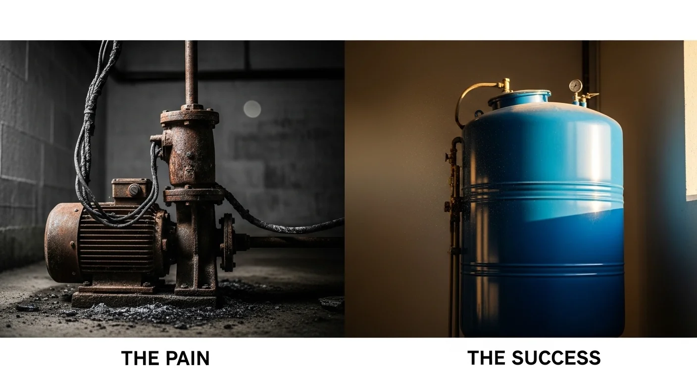 Side-by-side comparison of a burnt well pump motor versus a properly sized pressure tank.