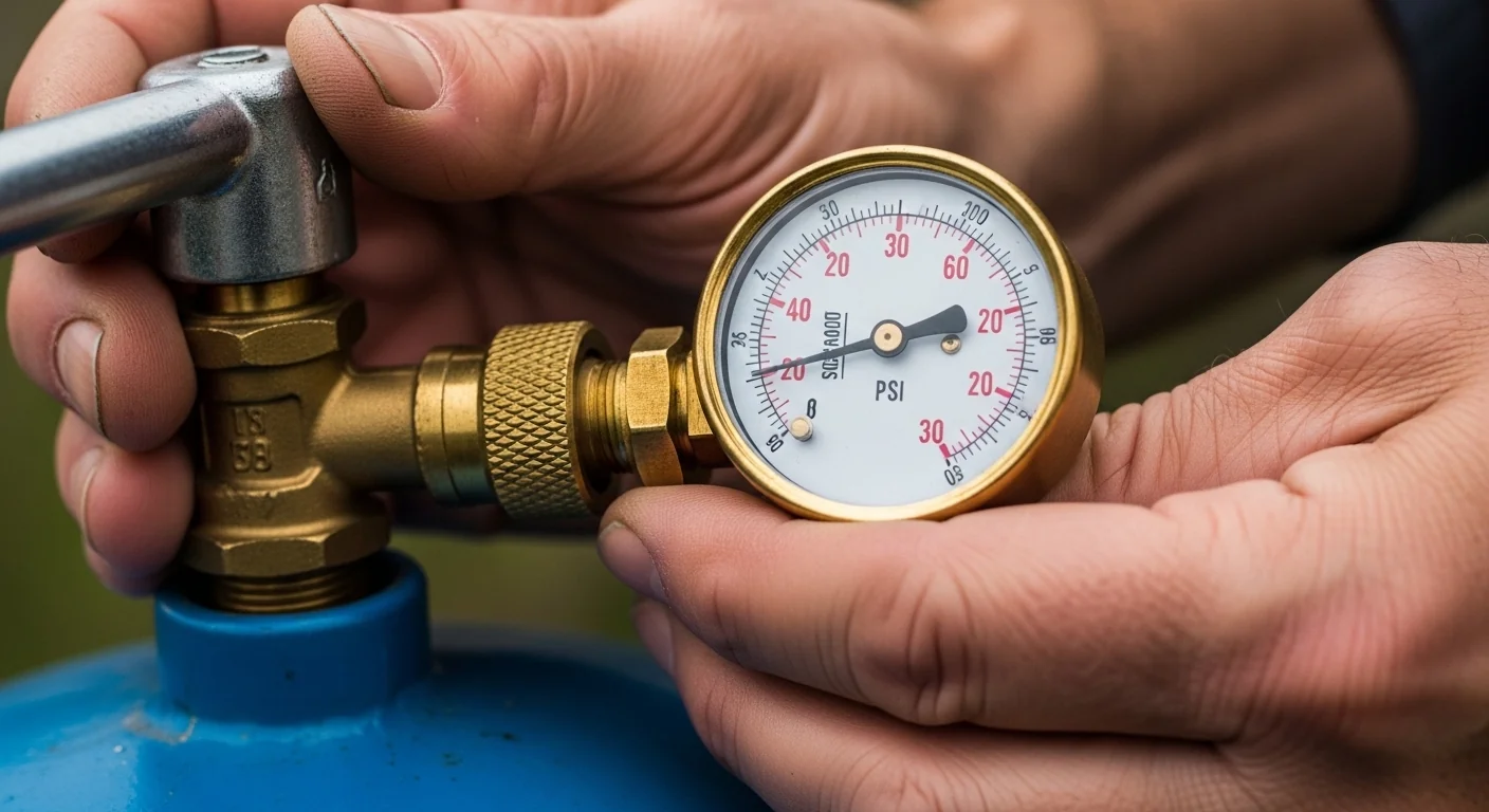 Hands using a pressure gauge to check the air pre-charge on a well tank.