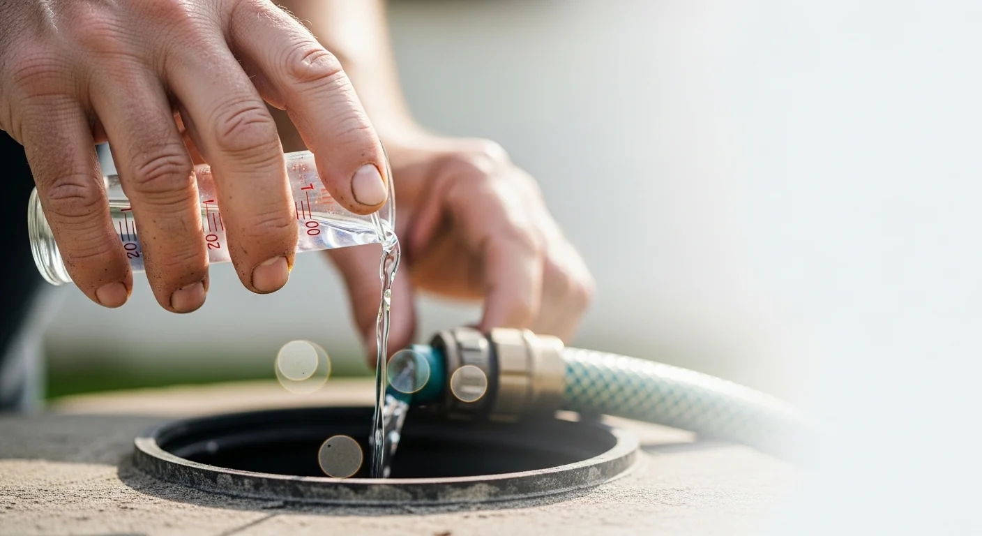 Hands adding precise bleach dose calculated by well shock chlorination calculator