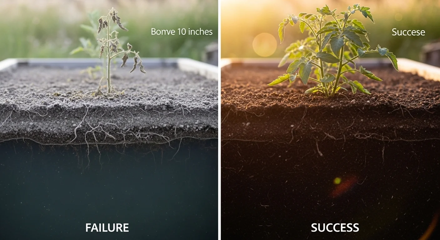 A wicking bed calculator comparison showing dry soil failure versus healthy hydrated SIP soil.