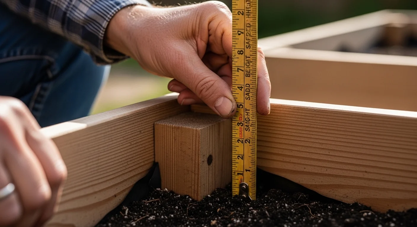 Hands measuring a garden bed to apply wicking bed calculator safe height results.
