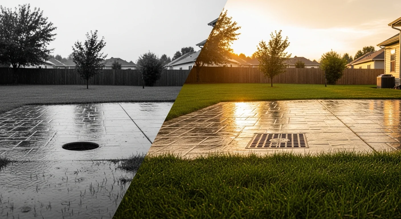 Catch basin calculator before and after showing flooded yard vs properly drained patio after storm