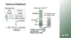 Catch basin calculator Rational Method diagram showing C i A formula and grate capacity comparison